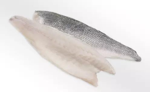 zwei rohe Wolfsbarschfilets, eines mit Haut, eines ohne Haut