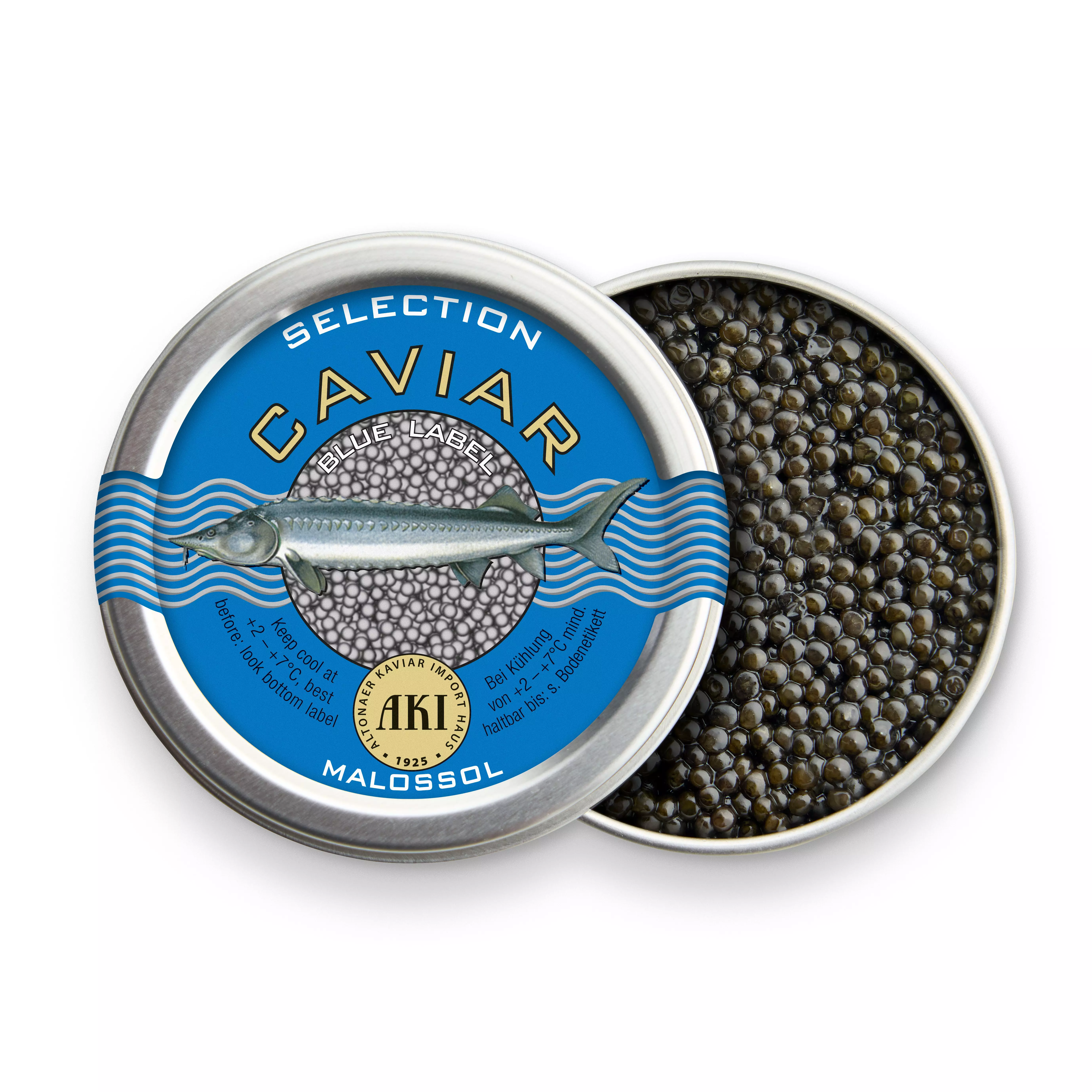 geöffnete Dose AKI Caviar Blue Label mit Kaviar