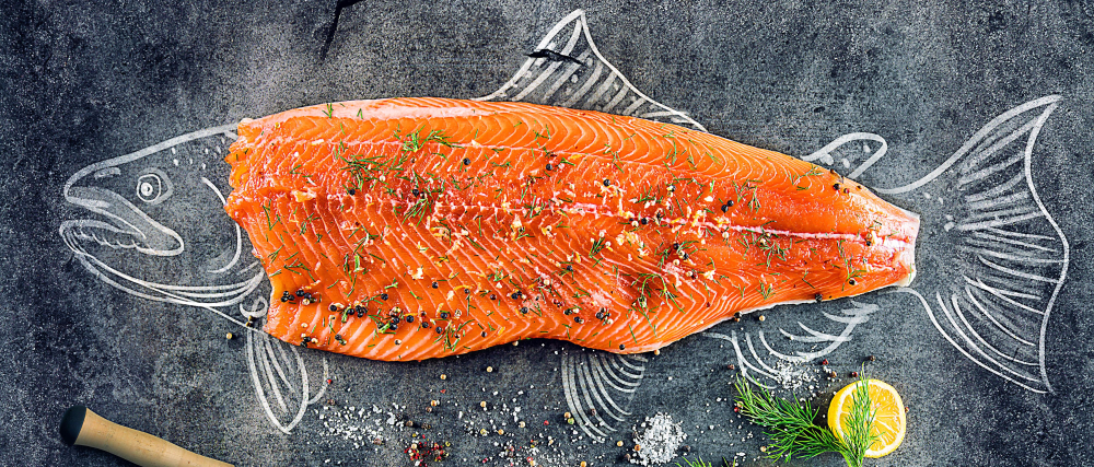 Frisches Lachsfilet mit Gewürzen auf Schiefertafel Ein würziges Lachsfilet auf einem gezeichneten Fisch auf Schieferplatte, garniert mit Dill und Zitrone