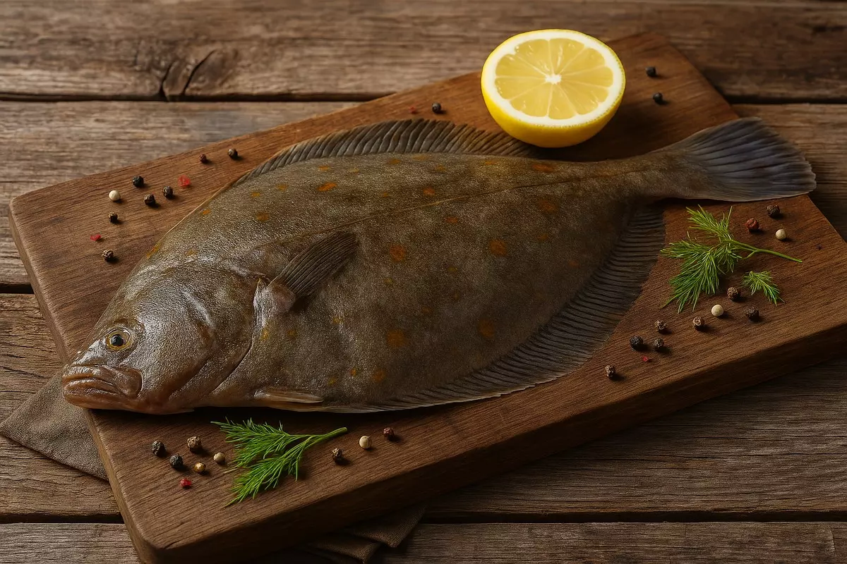 ganze rohe Scholle auf Holzbrett mit Zitrone und Gewürzen