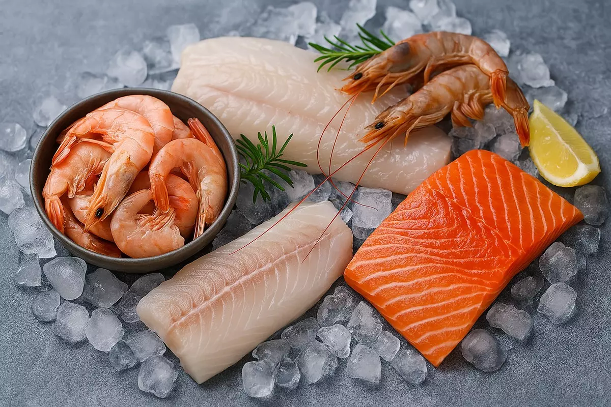 Rohes Lachsfilet, Garnelen und Fischfilets auf Eis