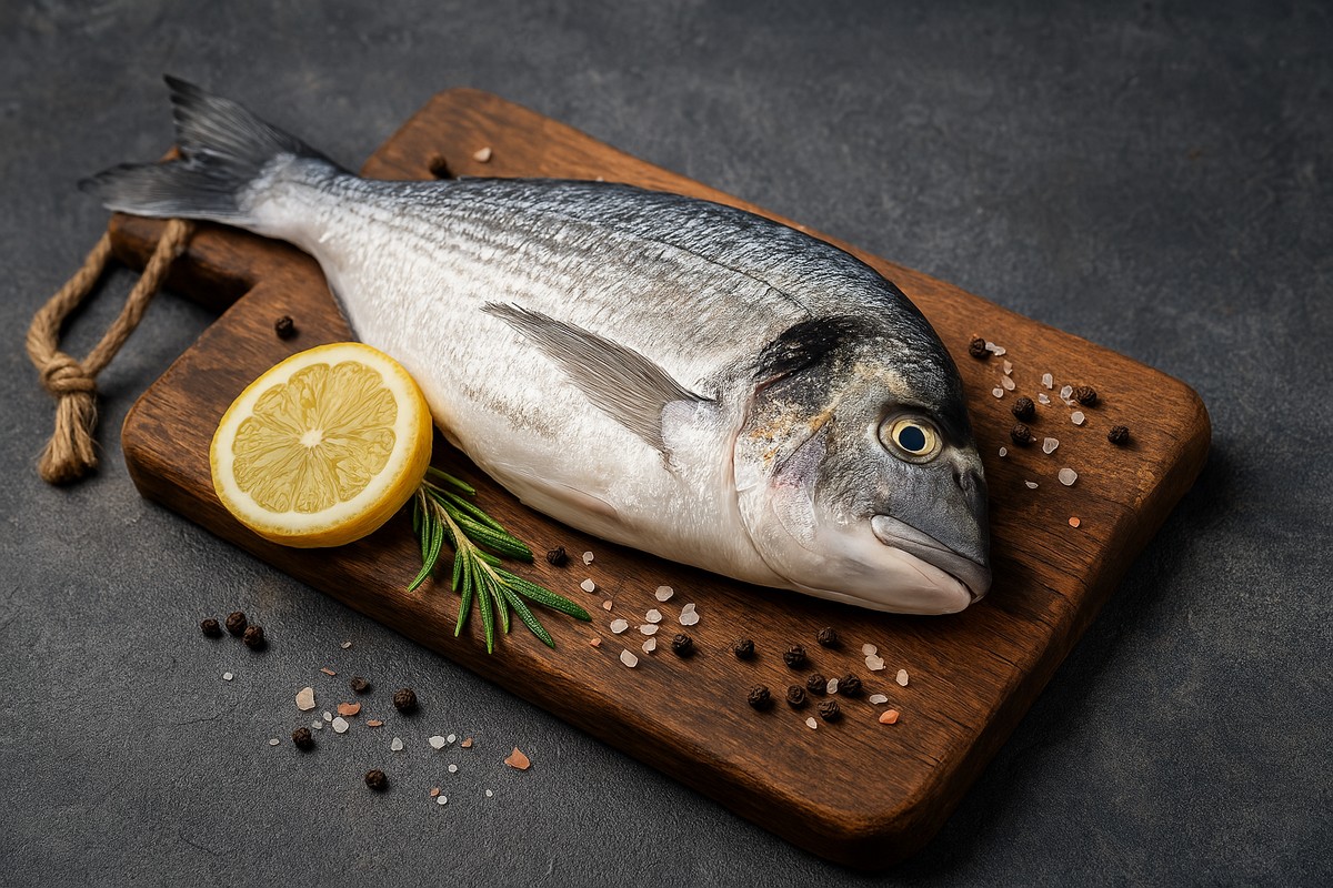 Ein frischer Fisch mit einer Zitronenscheibe und Gewürzen auf einem Holzbrett präsentiert