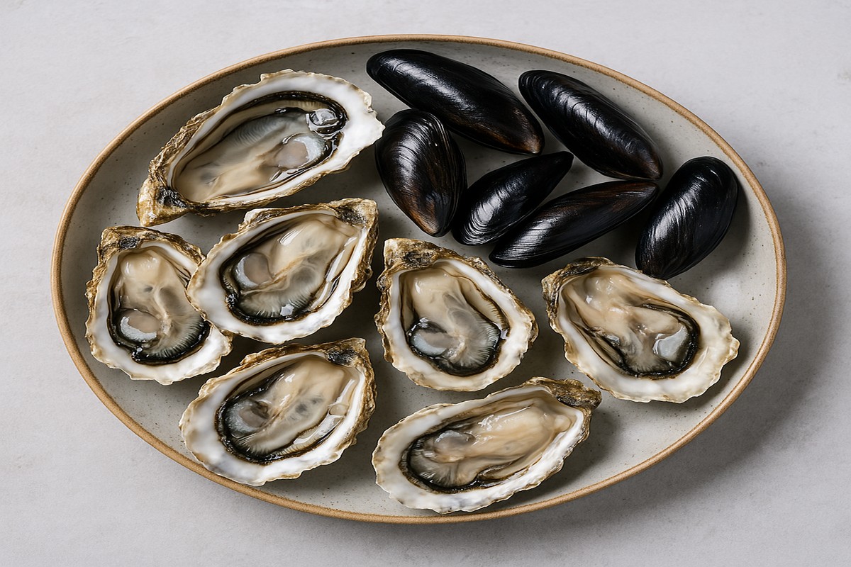Ein Teller mit geöffneten Austern und rohen Miesmuscheln, bereit zum Servieren