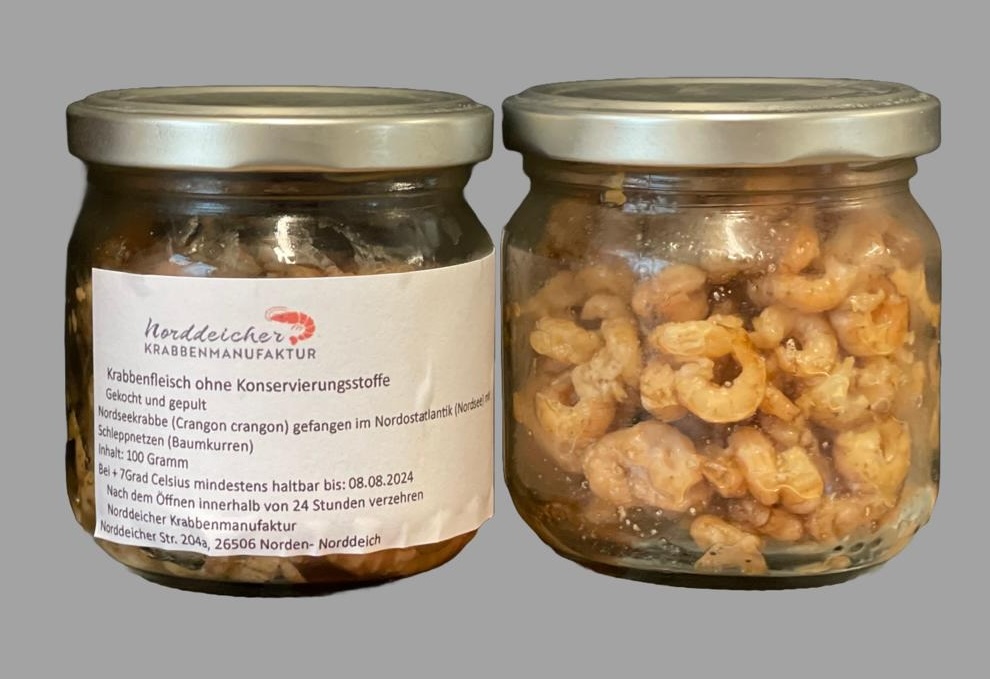 Nordseekrabbenfleisch ohne Zusatzstoffe, handgeschält in Ostfriesland, frisch, 100g pro Glas