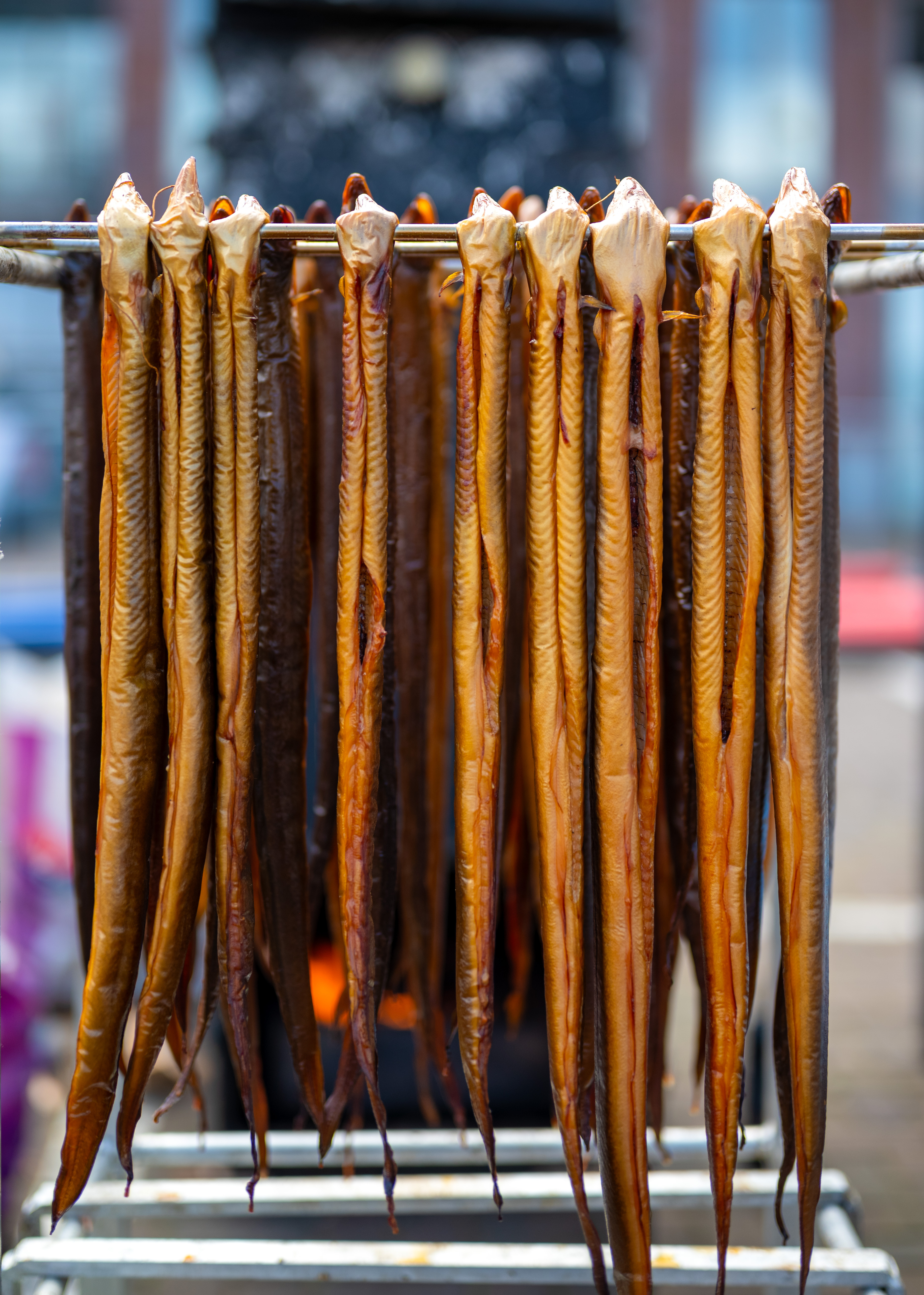 Ansicht von frisch geräuchertem Aal, der an einem Haken hängt, bereit zum Verzehr